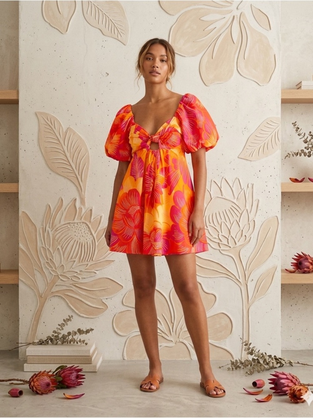 Farm Rio Summer Garden Ombre Mini Dress Medium Orange Yellow NWT